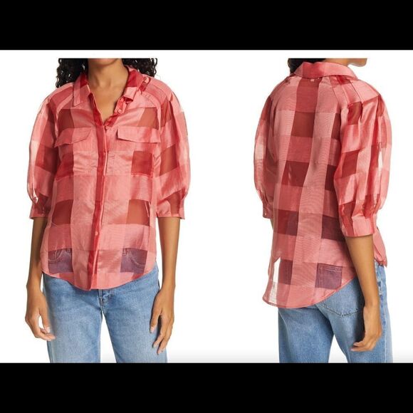 REBECCA Taylor Silk ORGANZA CHECK Button Down Blouse TOP - Picture 2 of 8